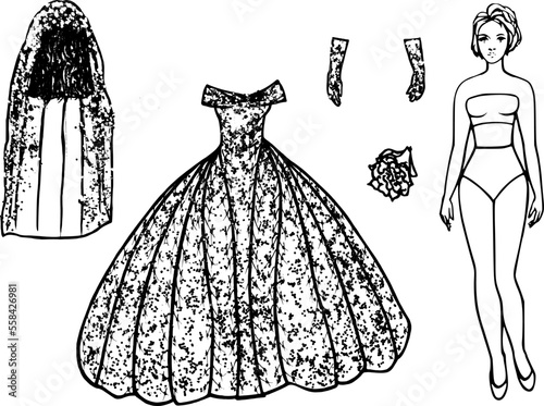 Sketch of a wedding dress with veil. Clothes for a paper doll. Fashion clothes, wig, gloves, bouquet, accessories
