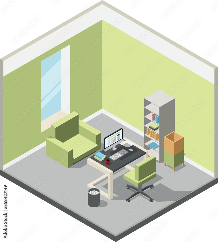 Office isometric interior. Business manager room with furniture