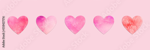Vászonkép Paper hearts aligned on pink panoramic background, minimal Valentines day web ba