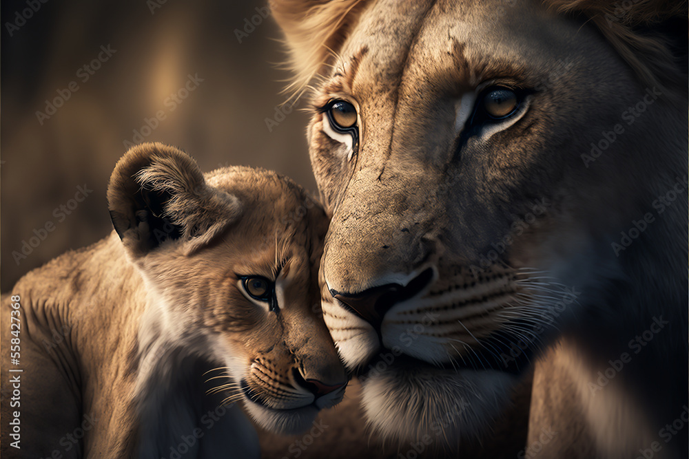 Mother lioness with her lionet, motherhood concept. Female lion with small cute lionet on black background. Love and parenthood concept. Generative AI adorable lions background. - obrazy, fototapety, plakaty 