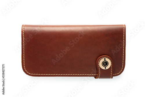 Big brown leather wallet on a button on a white background, top view