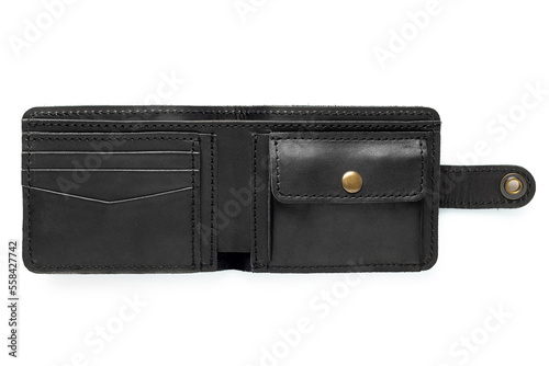 Black leather wallet on a button on a white background. Top open view