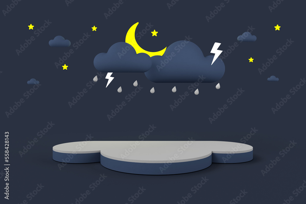 Cloud-shaped podium with rain and thunder on the sky at night for baby and kid. 3D rendering.