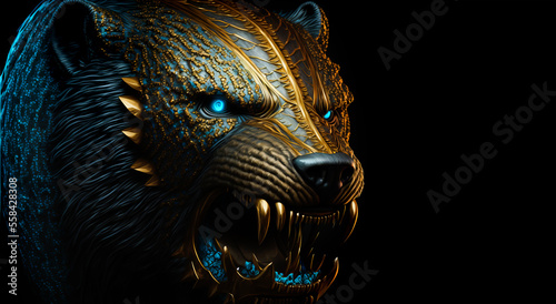Mystic grizzly bear roar in anger, golden teeth and spikes over his fur on a black background. Dangerous fairy bear portrait. Magic bear, Generative AI. Bear portrait with place for text, copy space.