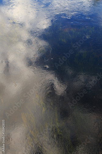 Natural wallpaper, water surface with sky reflection with clouds.