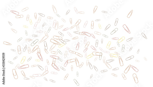 Paper clips are scattered on a white background. Decorative element. Background for design, school and office supplies