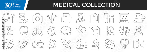 Medical linear icons set. Collection of 30 icons in black