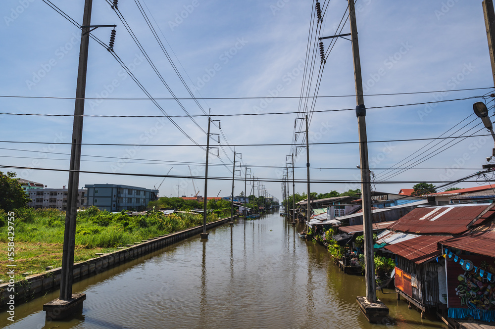 Bangkok.thailand 29.10.2022 landscape view of Burirom Canal at hua takhe market..Hua Takhe Market is the ancient wood market by Privet Burirom Canal.