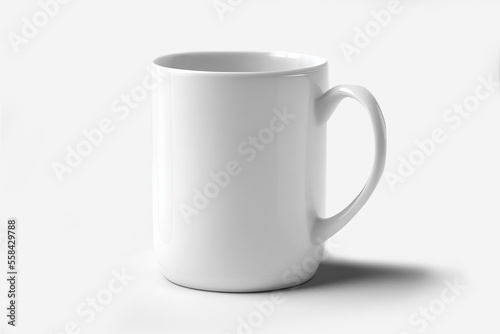 Close up of white blank empty mug mockup isolated on white background. Coffee cup mockup. Mug ceramic blank.