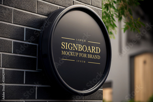Blank round black signboard on the wall outdoor, mock up for logo design, brand presentation for companies, shops. © Carkhe