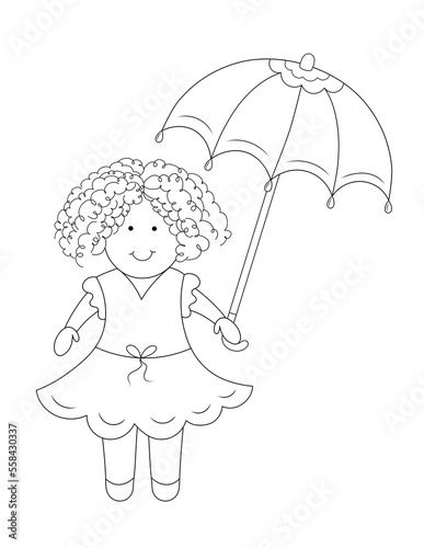 cute little girl with curly hair holding an umbrella. easy coloring page that you can print on 8.5x11 inch paper