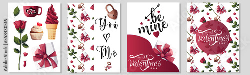 Set of cards for Happy Valentine's Day with gift boxes, roses, petals, ice cream, padlock. Romance, Love concept. A4 vector illustrations for poster, banner, card, postcard.