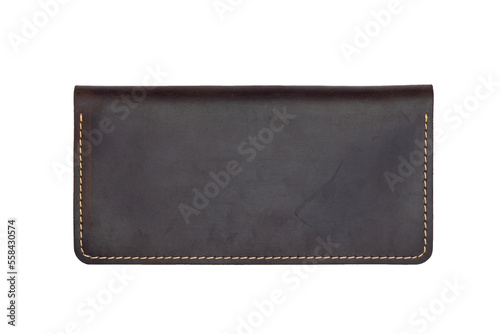 Big brown leather wallet on a button on a white background. Top view