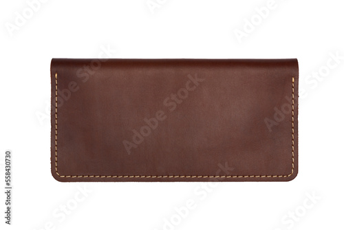 Big brown leather wallet on a button on a white background. Top view