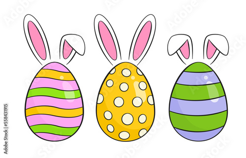 Colorful Easter eggs with bunny ears. Cartoon. Vector illustration. Isolated on white background