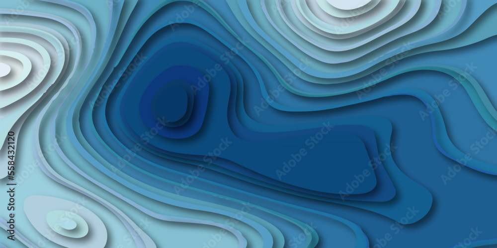 Abstract blue paper cut shapes background with shadow and topography map concept, texture. Abstract realistic Papercut decoration background. Abstract papercut wavy line background.