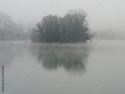 îlot sur lac dans la brume à l'aube et son reflet dans l'eau © AldoBarnsOutdoor