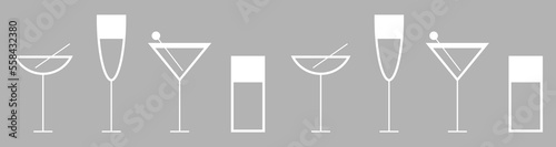 Cocktails collection, alcoholic and non-alcoholic summer drinks with ice cubes of lemon, lime, and mint. Whiskey with ice, tequila, vodka, sambuca, mojito. Vector illustration of summer cocktails.