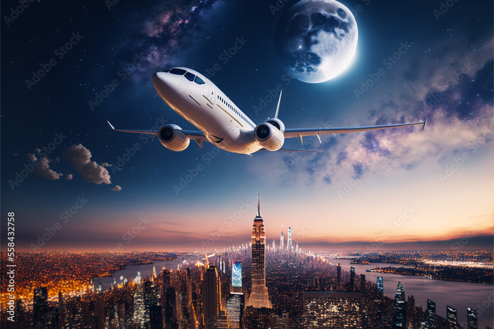 Airplane is flying above the clouds and beautiful city at night in summer. Generative AI. Landscape with passenger airplane, starry sky. Aircraft is taking off. Private jet. Aerial view. Transport