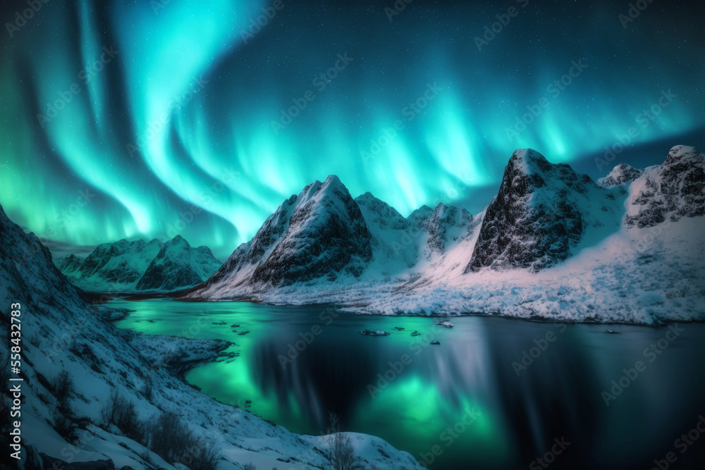 Aurora borealis over the snowy mountains, sea coast at night. Generative AI. Aurora borealis above the snow covered rocks. Winter landscape with polar lights and fjord. Starry sky with bright aurora