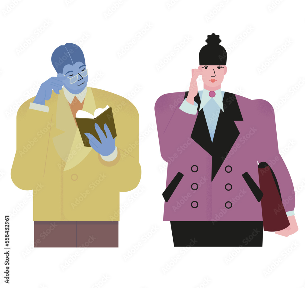 Vector illustration, male and female colleagues. The woman is holding a bag in her hand and the man is holding a book. Character, icon.