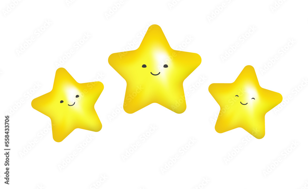 Cute 3d stars vector. Yellow star kawaii character illustration style. Customer product rating. Cute 3d stars vector. Yellow star kawaii character illustration style. Customer product rating.