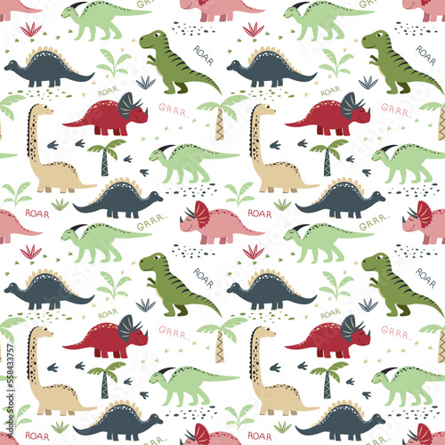 Vector childish seamless pattern with dinosaurs  palm trees  footprints  stones on a white background. Ideal for baby clothes  textiles  wallpaper  wrapping paper.
