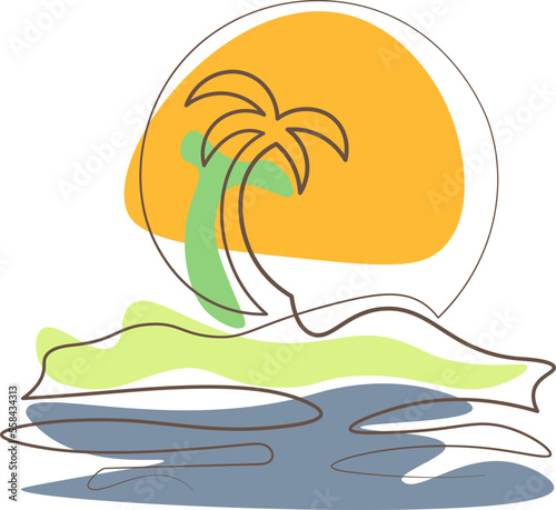 Outline filled tropical island with palm tree and sun single line