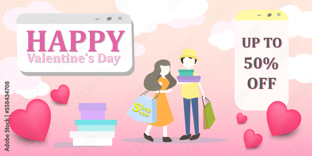 Horizontal pink background, Happy Valentine's day banner with paper love couple, vector text, hearts, shopping, shopping bags. Horizontal pink background, Happy Valentine's day banner with paper love couple, vector text, hearts, shopping, shopping bags.