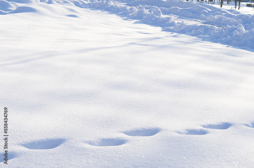 Natural background. Footprints in the snow on a bright frosty day