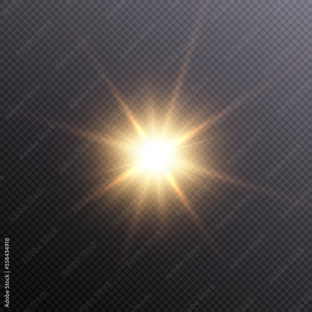 Obraz The effect of bright sunlight. Twinkling gold star on a transparent background.Bright light effect. fototapeta, plakat