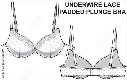 TECHNICAL SKETCH OF UNDERWIRED PADDED PLUNGE LACE BRA IN EDITABLE FILE