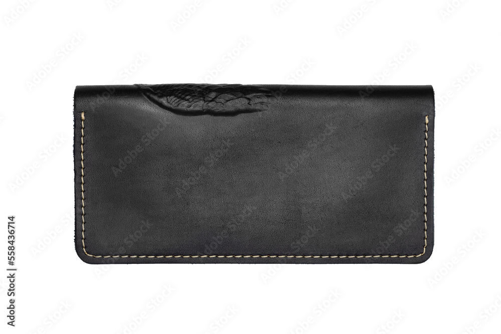 Big black leather wallet on a button on a white background, owl print. Top view Big black leather wallet on a button on a white background, owl print. Top view