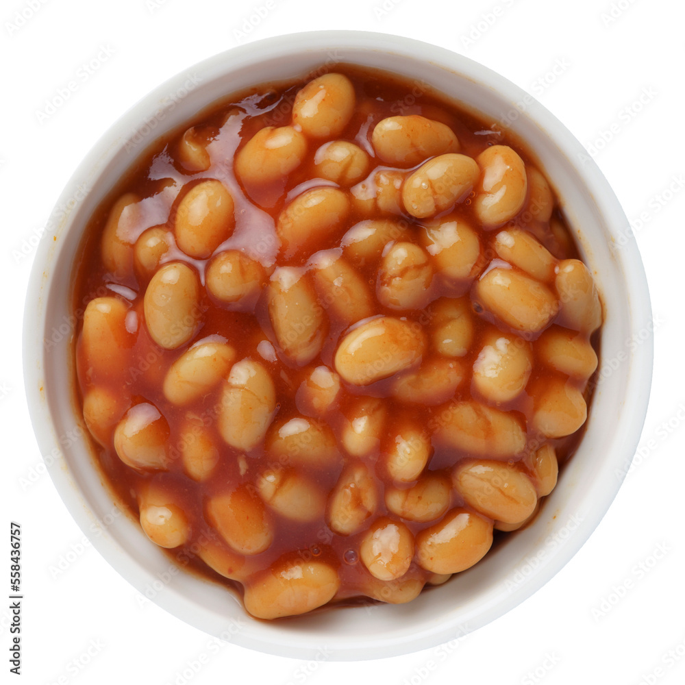 Baked beans in tomato sauce in a white ceramic bowl isolated on white. Top view.