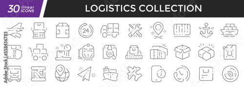 Logistics linear icons set. Collection of 30 icons in black