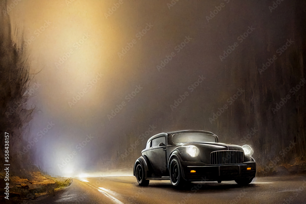 A black car is driving on the road at night, fog, dark background.