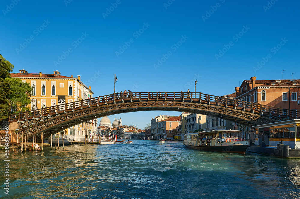 Accademia bridge with tourists embarking on the Baporeto and the church of Our Lady of Health to the background