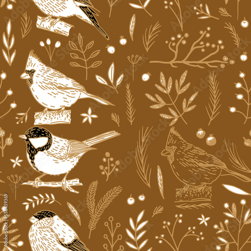 Seamless festive pattern with fir branches, flowers, and birds on a golden background. Winter birds are drawn: northern cardinal, titmouse, bullfinch—vector illustration for wrapping paper design.