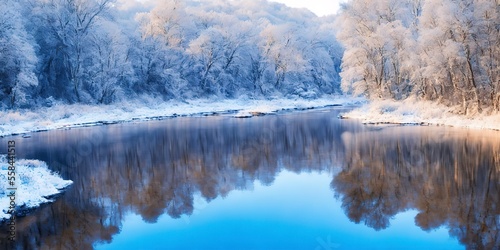 Generative AI landscape Frozen River With Reflection In Water © Jiwa_Visual