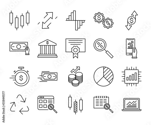 Set of stock exchange market with editable stroke line icons. investment money vector illustrations.	
