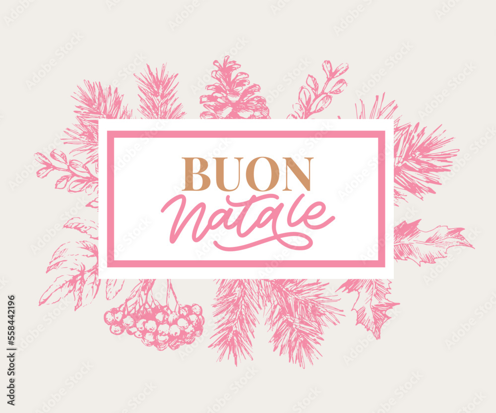 Christmas,Buon Natale greeting card.Handwriting lettering in italian.Holiday lettering.New year template.Vintage vector,typography design.