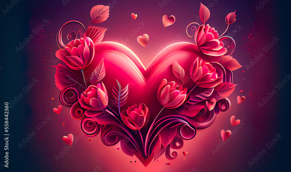 heart with flowers and leaves on red background heart with flowers and leaves on red background