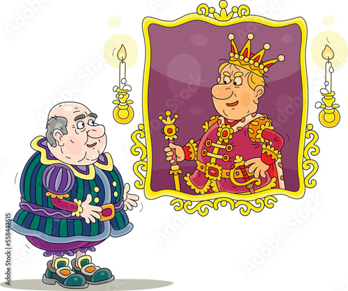 Fat bald-headed government prime minister consulting with a portrait of an angry king in a golden frame about important state affairs, vector cartoon illustration isolated on a white background photo