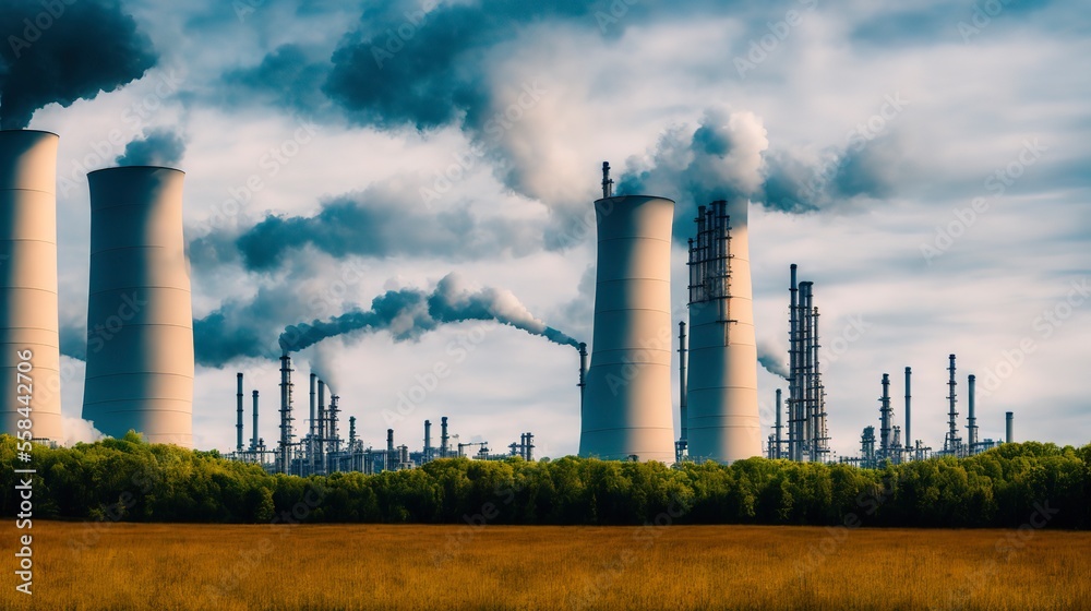 Generative AI landscape machine industrial with smoke and grass Generative AI landscape machine industrial with smoke and grass