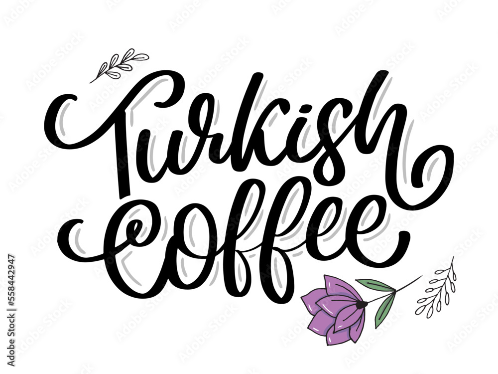 Turkish Coffee letter vector logo, typography, sign in black and white. Advertising poster or template design. Modern lettering logotype, coffee signboard. Design elements. Vector illustration. Turkish Coffee letter vector logo, typography, sign in black and white. Advertising poster or template design. Modern lettering logotype, coffee signboard. Design elements. Vector illustration.