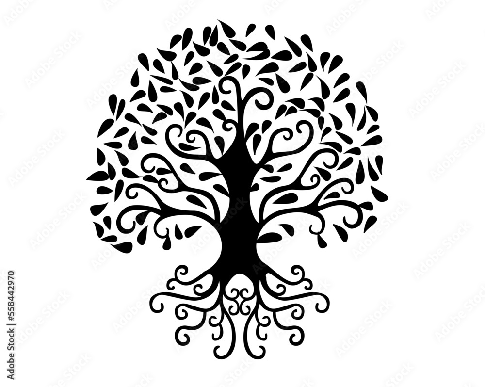 Black and white Tree with spiral roots and branches and leaves isolated on white background - vector illustration