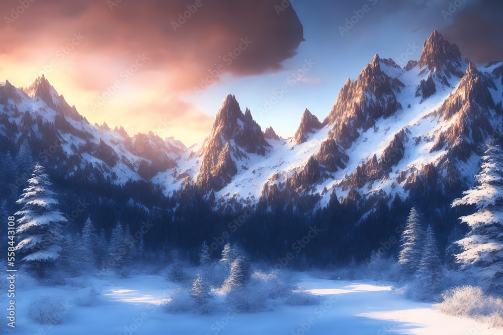 Generative AI landscape mountain snow with tree Generative AI landscape mountain snow with tree