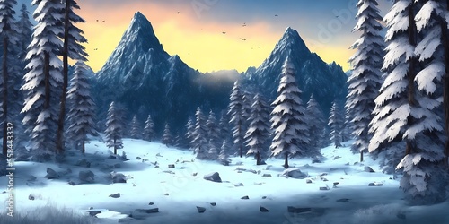 Generative AI landscape mountain snow with tree