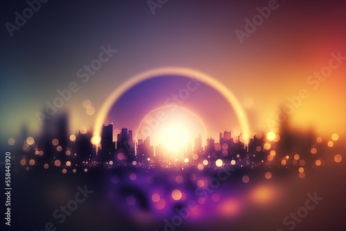 dawn abstract hazy city background. Lens flare effect city sky with a circular glow. Generative AI