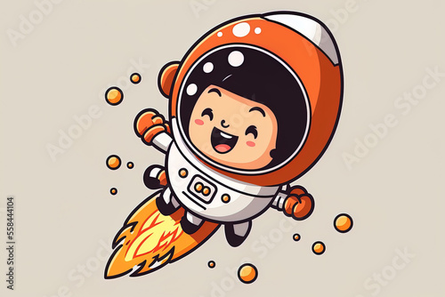 Cartoon illustration of a cute astronaut flying with a rocket. Isolated Premium of a science education icon. Cartoonish flatness. Generative AI